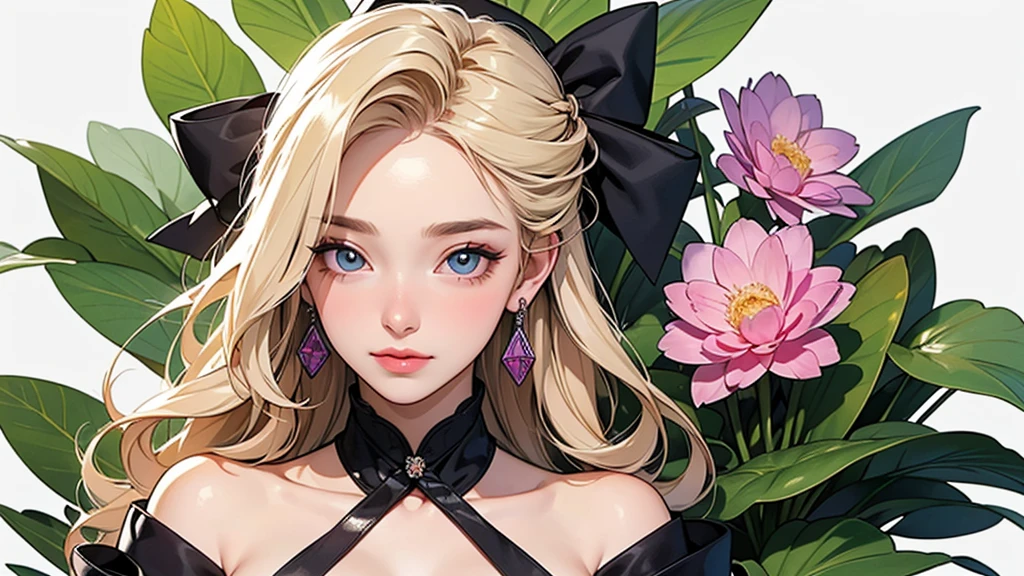 (High resolution, masterpiece, accurate, anatomically correct, portrait style, composition from above, close-up of face), A serene young woman with bright yellow eyes. She wears a black ruffled mini dress with an intricate gold pattern. She smiles sweetly and holds a bouquet of yellow lilies. Her long white hair flows gracefully over her shoulders, contrasting with the dark fabric. The background features a deep blue and gold pattern, highlighting her mysterious appearance. Her hands are delicately clasped around the flowers and her pose is calm and composed, exuding a sense of quiet strength and grace. Top quality, ultra high resolution, high quality model