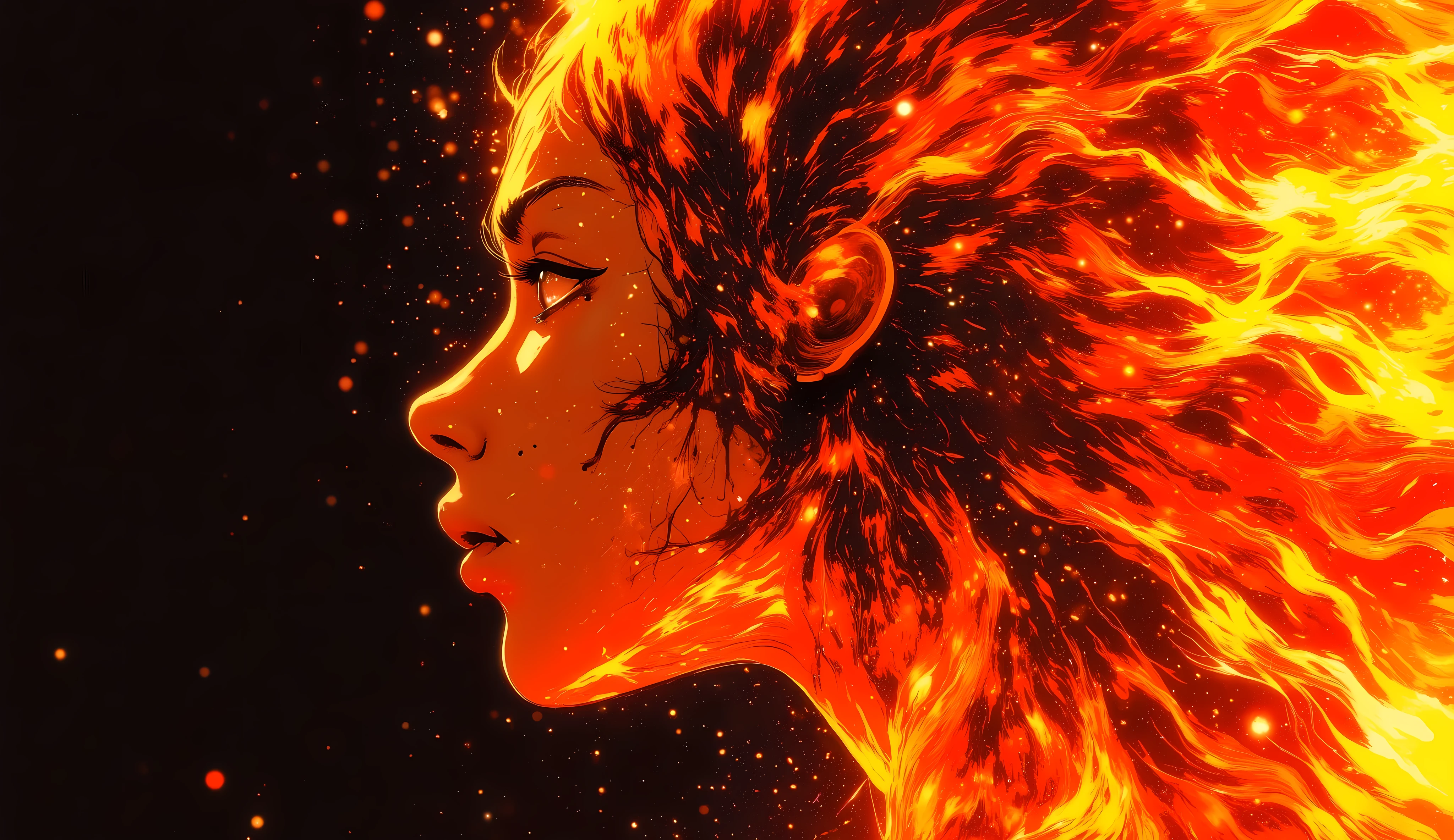 high quality, 8K ultra HD, Una hermosa double exposure que combina una silueta de mujer con un fuego enorme, el fuego should serve as a backdrop, with its details incorporated into the woman , sharp lines, The background is monochrome, sharp focus, double exposure, By Yukisakura, stunning full color, anime