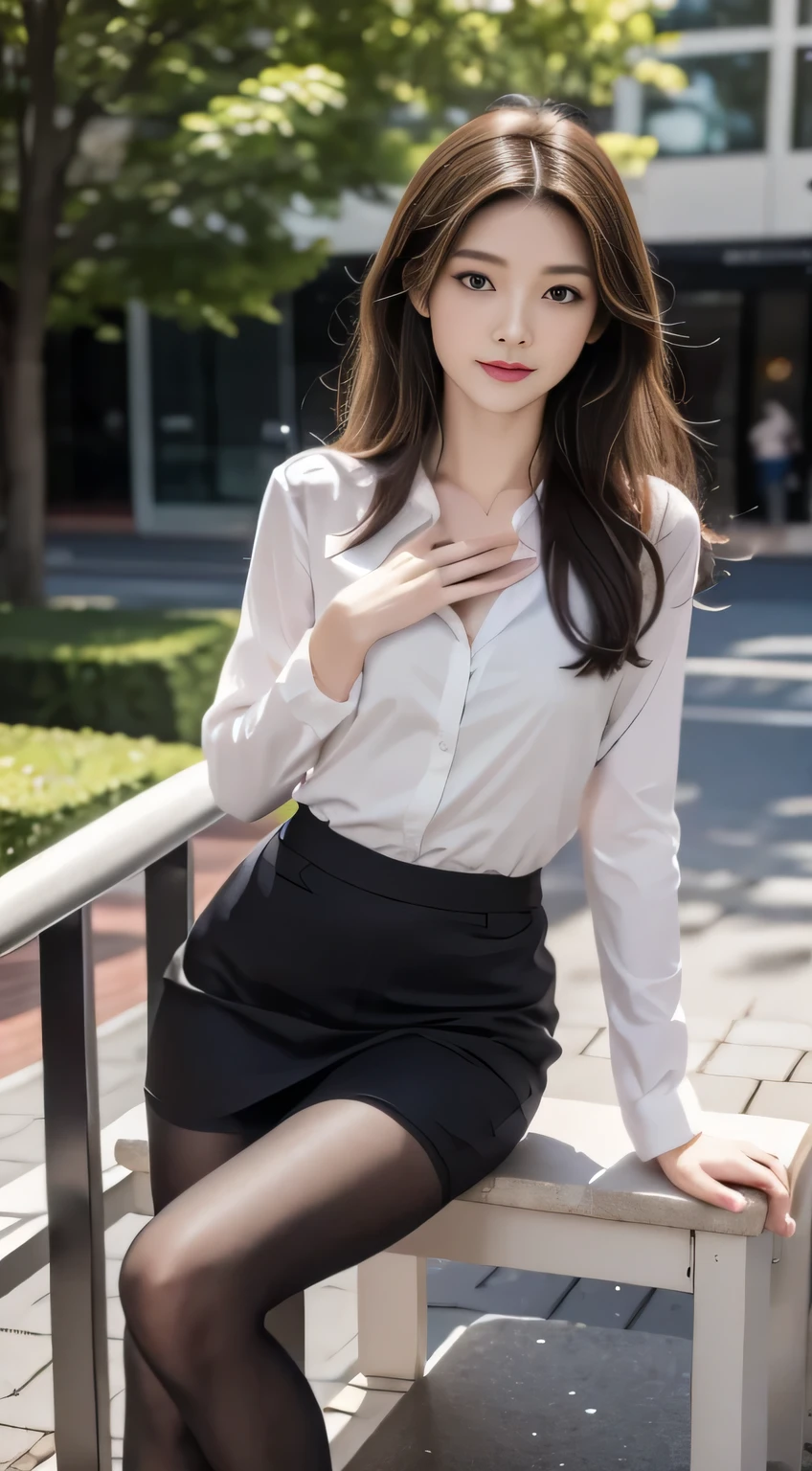 Quality Best, Full Body Portrait, exquisite face behind one hand , pretty face , 25-year-old female, slim figure, Small chest, OL, Office Clothing, black pantyhose, Outdoor scene, Sitting