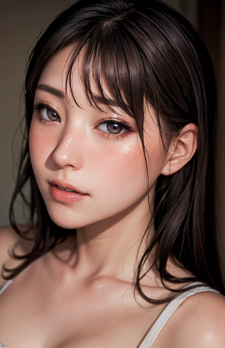 ((((masterpiece, best quality, high resolution)))), Extremely detailed 8K, Beautiful girl with voluptuous body, (Ultra HD, Ultra-detailed, Highly detailed, Highly realistic, Ultra-realistic, photograph realistic), (1girl:1.5), (Realistic white hair), short wavy black hair, bob cut, (dynamic poses), facing at camera, light smile, purple eyes, average breasts, (beautiful detailed face, beautiful detailed eyes), (white tank top, thin material), cleavage, dark jean shorts, glow, sweat, (sunbeam, sunlight)、Fishnet tights