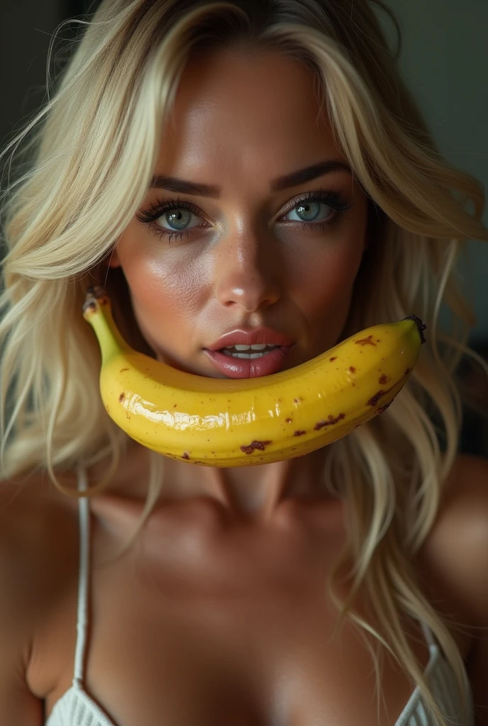 A tall 18-year-old girl, big chest, beautiful beauty, beautiful, cute, affectionate, long blond and curly hair, natural blue eyes, nude Sucking a banana in de beache