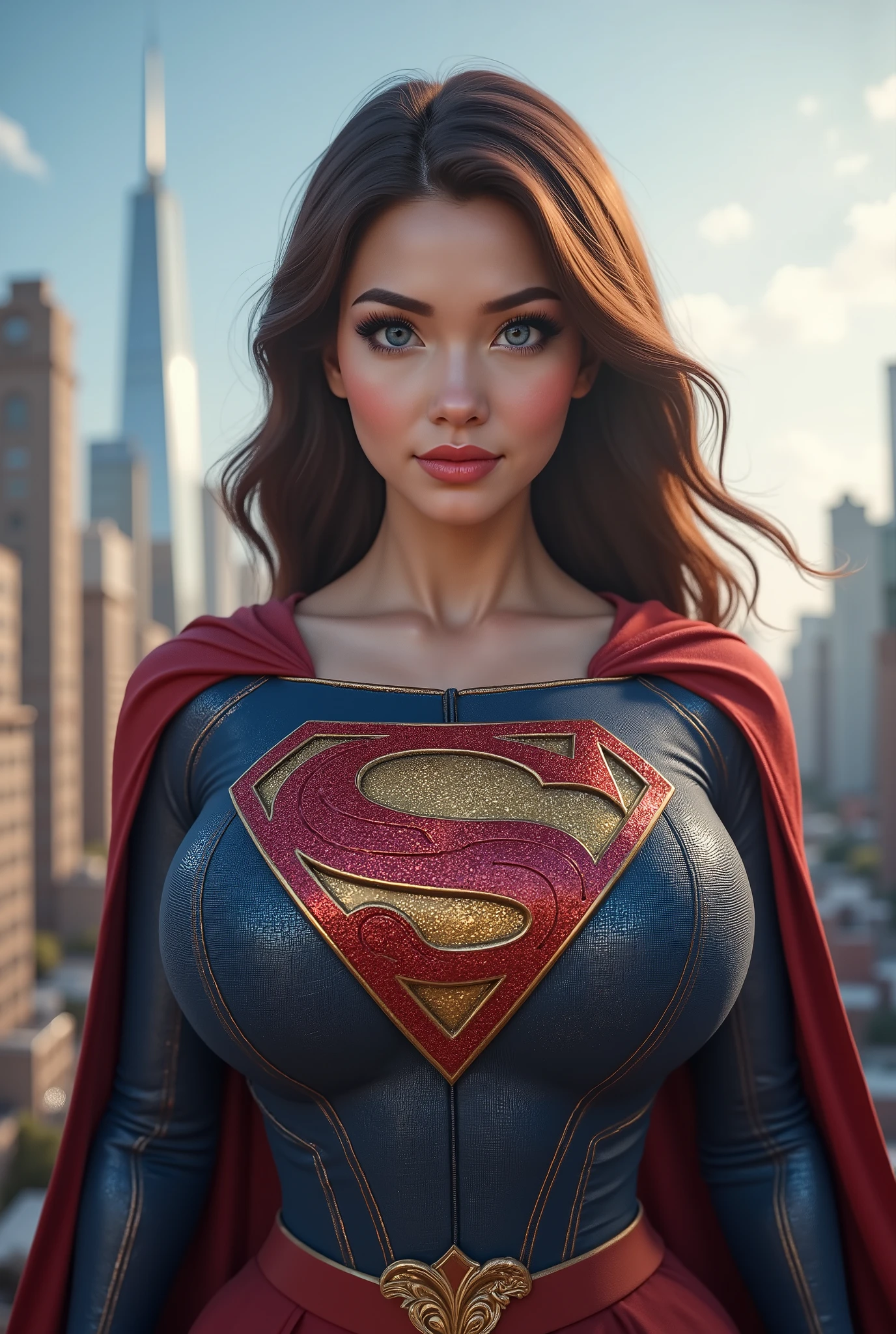 A SEXY ASIAN FEMALE WITH BLUE EYES AS SUPERMAN. CRYSTAL CLEAR ART, CELAN CRISP ART, 4K, 8K, MILLIONS OF TEXTURES AND DETAILS.