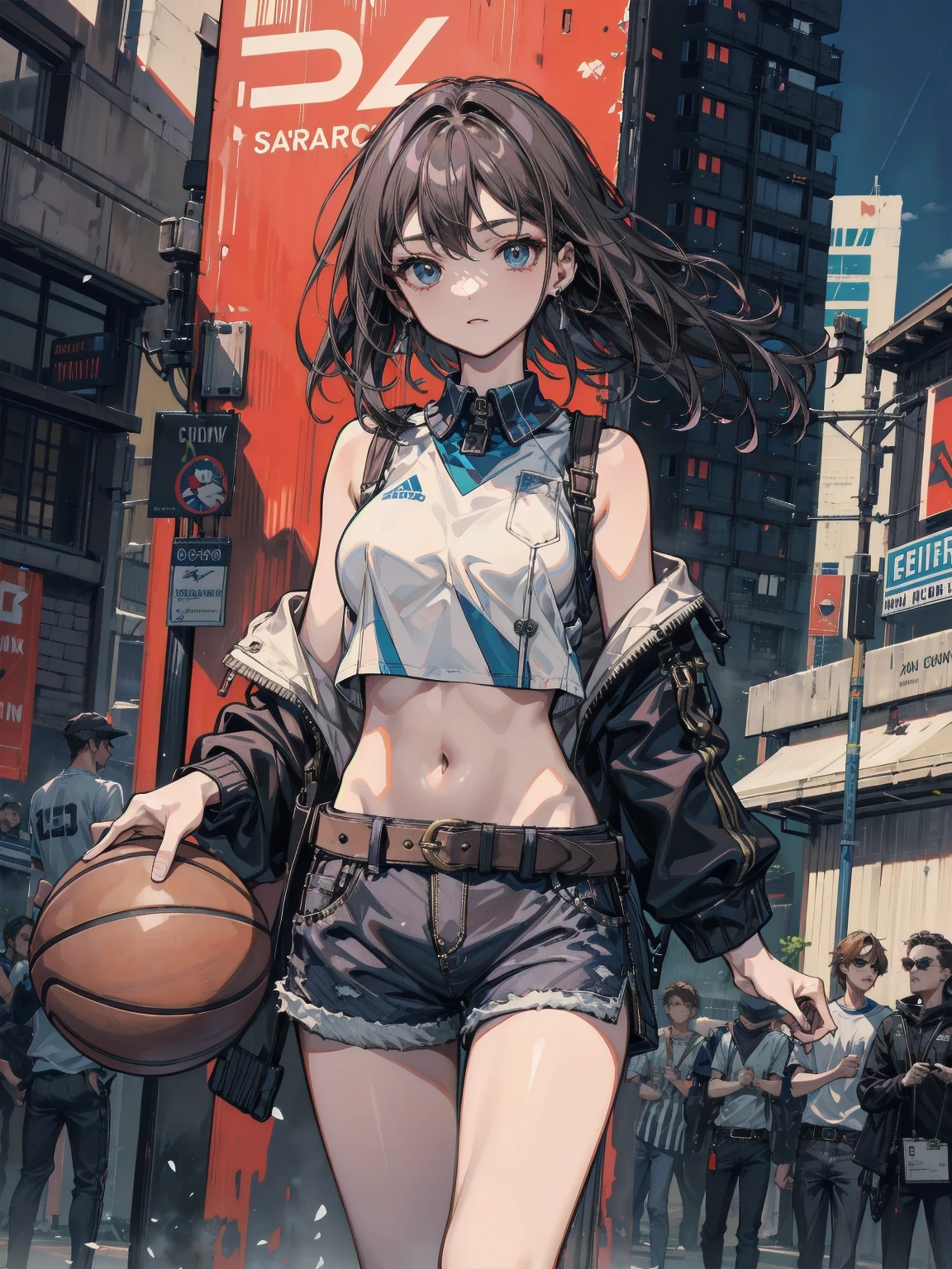whole body, absurdres, RAW photo, extremely delicate and beautiful, masterpiece, Best Quality, ultra high resolution, 32k, hyperrealistic, ultra-detailed, detailed description, pale skin, 20 years old, detailed beautiful face and eyes, big tits, medium hair, black hair, tearful mole, earring, Basketball shirt, tank top, Hot Pants,