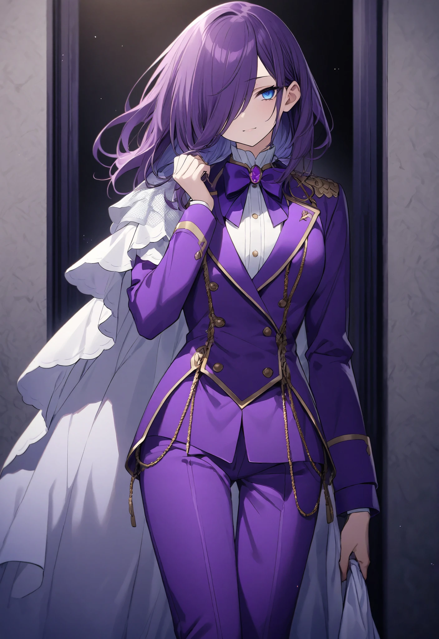 Thin, sharp eyes、Narrow eyes、Detailed expression of eyes、Long purple hair up to the waist 、Small white cloak 、ソロのPrince、1 person、 Long enough to cover the face to hide one eye 、 long bangs that extend to the chin so long that they cover the face、Very long bangs、Bangs that reach to the chin、 with bangs on one side over the ear 、 purple luxury jacket long sleeve、 white shirt、Prince、 fancy mesh costume、 hanging eye、 cool face、 blue eyes、Purple long pants、 purple bow tie 、 small perris on left shoulder、small cloth on left shoulder 、uniform、Cool beautiful girl、