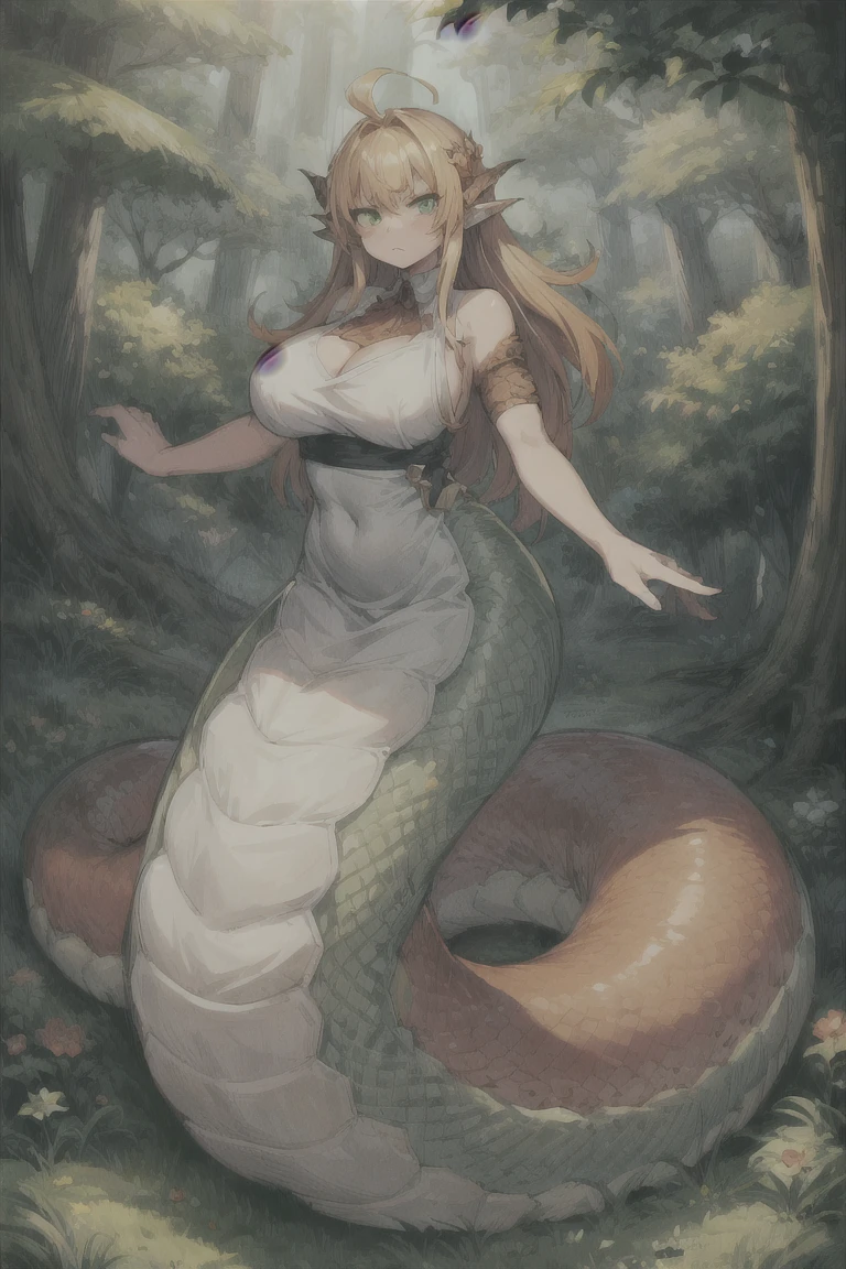 ((Highest quality)), ((masterpiece)), (detailed), （Perfect Face）、The woman is a Tier, with green eyes, blonde medium-long hair, naked, and covered in snakes. She is living in symbiosis with the snakes and is happily kissing them.