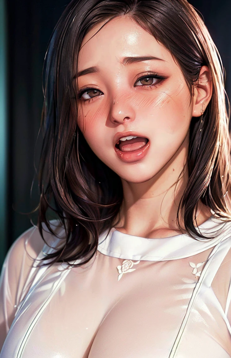 8K quality、High resolution、Realistic skin texture、High resolutionの瞳、、Blowjobする女、Brown long hair、、A neat blouse dress made from a thin fabric、Dignified face、thin、Model Body Type、Flip Up Skirt、Realistic female genitalia、Deep and realistic penis swallowing、Blowjob、deep throat、Semen-covered body、put penis in mouth all the way to the base、Shooting from the side、Swallowing a lot of semen
