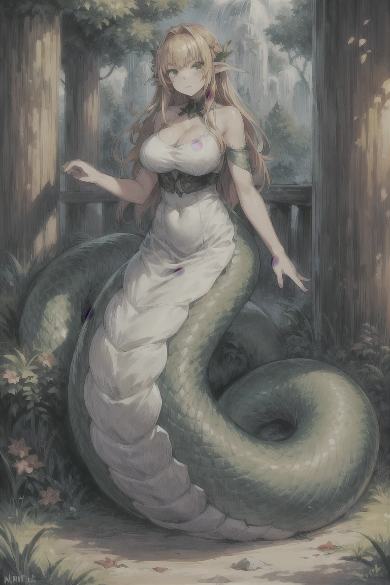 （Medusa in Greek mythology），((best quality)), ((masterpiece)), ((realistic)), Medusa，full bodyesbian，The hair is made up of countless small snakes, full bodyesbian，Green eyes，Female face, Scales all over the body,Large chest and thin waist，（mermaids:1.2） （Slender snake tail:1.3），Ultra-realistic snake scales，Reflective skin，Kingly momentum，Trends on Artstation, Clear focus, studio photo, Complicated details, The is very detailed, Detailed eyes, illustratio, The is very detailed, Clear focus, a digital rendering, professinal, 4k