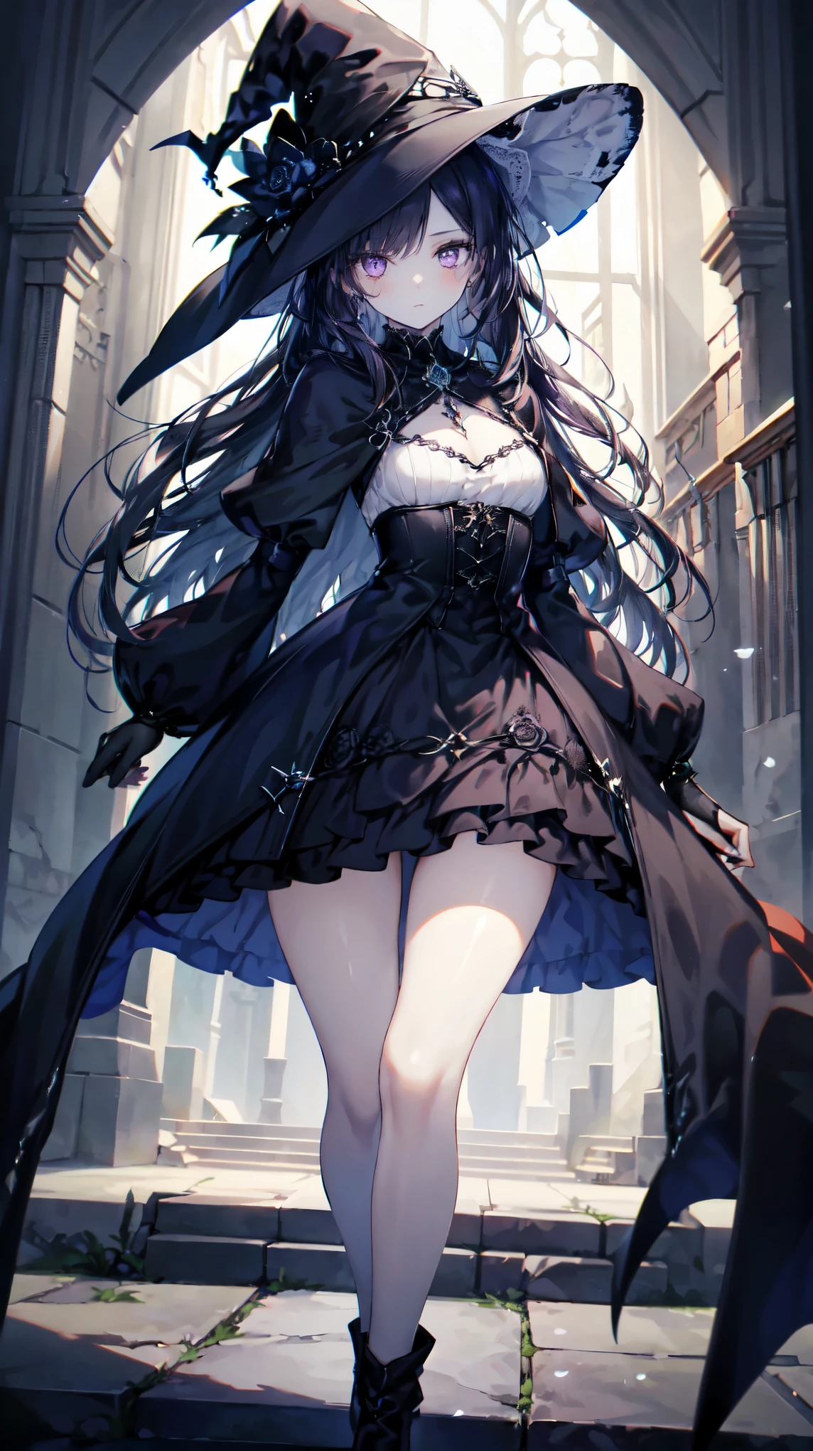 ((best quality)), ((masterpiece)), (detailed), : Lilith, the Eternal Witch, wearing a Gothic outfit with knee-length black gothic platform boots, a long intricate skirt, a tight corset, and silver jewelry. She has pale skin, long dark hair, crimson lips, gothic makeup and piercing eyes.