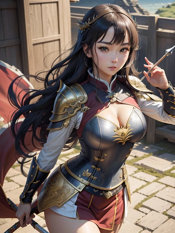 A female gorgeous hot warrior with red armour covering her breasts and a skirt with a large bow as her weapon fractual art extremely detailed dry forest background 