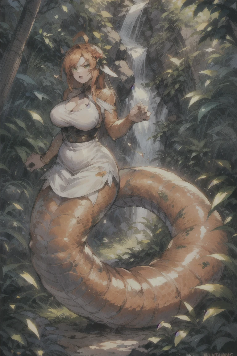 A woman with huge breasts wearing a dress with the lower body of a giant snake,long shot