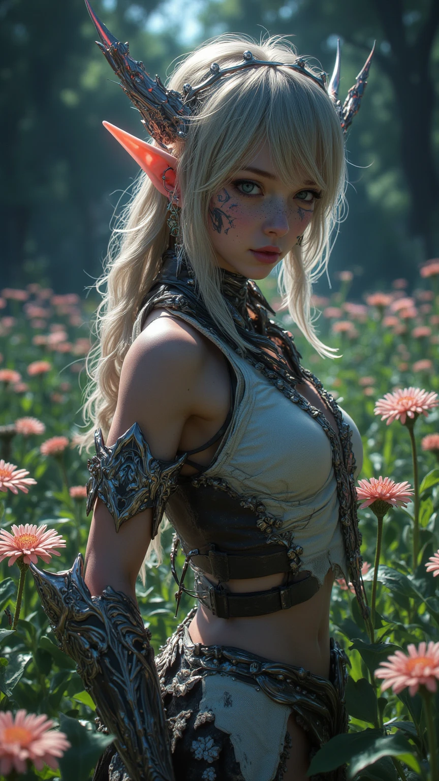 astrid hofferson, naked, Skinny body, small bust, very feminine, beautiful passage, the flowers shine, mountains in the distance