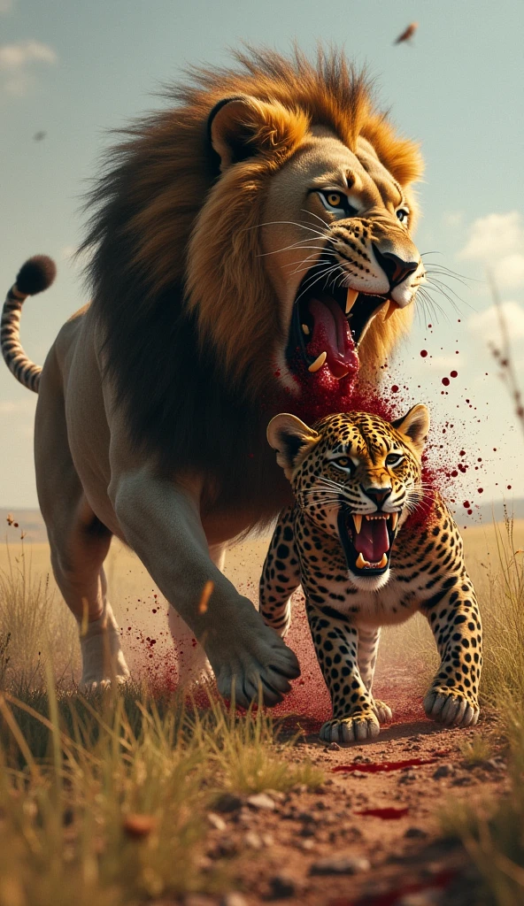 angryLeopard killed by angry lion and blood flowing