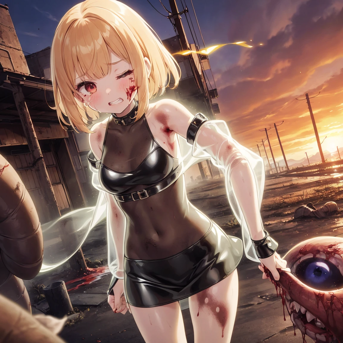 masterpiece, best quality,anime style, 1 girl,(((slender body))), (((small breast))),(((Jacket, Open your clothes, Open jacket, Blue jacket, ground vehicle, Sports Bra, bicycle,buruma))),(((((brown penis tentacles bound the girl))))), ((((restrained, arms behind back)))),((((cum)))), (beautiful face), (((short hair))), (((straight hair))), ((((blonde hair)))),detailed beautiful skin, (perfect hands, perfect anatomy)