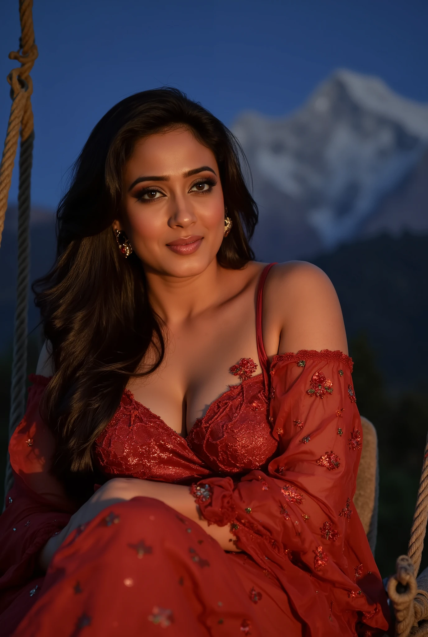 night scene, 85mm f/1.4, 15mm, 35mm, 4k, high resolution, 4k, 8k, hd, full colour, 4k, 8k, 4k, high definition, low angle shot of close up photo of indian, big cheeks, sexy navel, hanging in swing chair and bending over viewer on Mount Everest, off shoulder strapless cowl neck lace bra, deep cut neckline, perfect figure, swooping breasts, deep cleavage, ponytail hair, necklace, look at viewer and smile, (cinematic:1.3), intricate details,