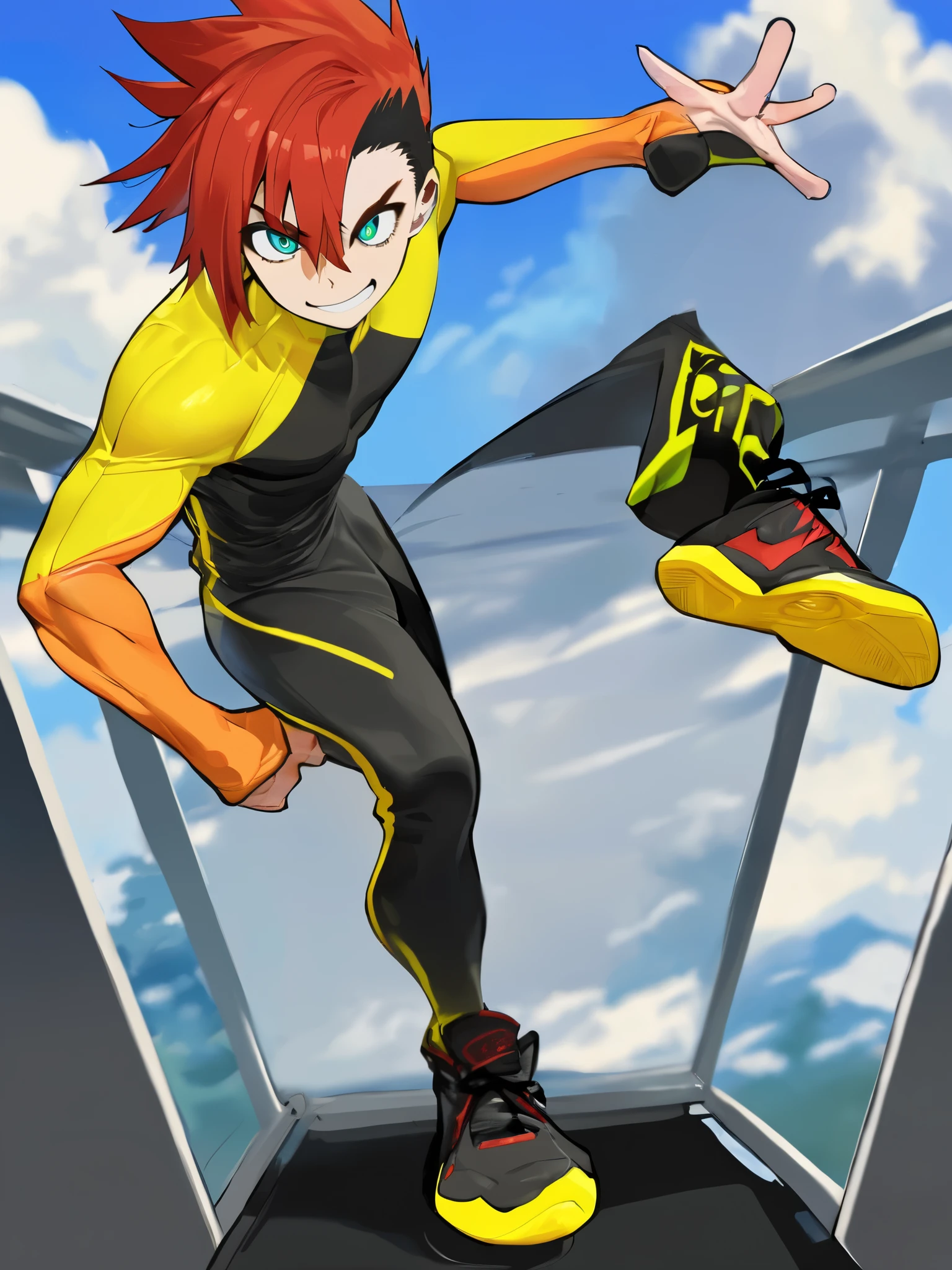 a boy, Alone, corte mullet punk, red hair face, hair between the eyes , big eyes, defined eyebrows, eyes color orange, SWEATSUIT SET (Color half yellow, Another half black), long sleeves, Super hero, It has the power of elasticity, athletic body, Pose showing its elasticity, happy, sonrisa grande, perspective, blue sky background , clouds, high quality, large details , High details, Anatomically Correct , masterpiece, full body shirt, black tennis shoes.