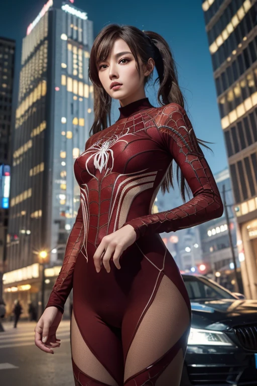 RAW, Masterpiece, Super Fine Photo,, Best Quality, Ultra High Resolution, Photorealistic, Sunlight, Full Body Portrait, Stunningly Beautiful, Dynamic Poses, Delicate Face, Vibrant Eyes, (Side View) , she is wearing a futuristic Iron Lady Spiderman costume, very detailed background, detailed face, detailed and complex busy background, messy, gorgeous, milky, high detailed skin, realistic skin details, visible pores, sharp focus, Volumetric fog, 8k uhd, dslr, high quality, film grain, fair skin, photorealism, lomography, sprawling metropolis in a futuristic dystopia, view from below, translucent