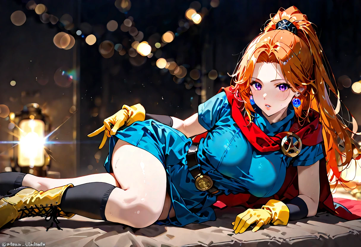 Crotch focus, High resolution、(SM playing), One Girl、Low length、thin、With a whip、Navy blue short robe、(covered nipples),belt、(Leopard print panties)、DQ6 Barbara、High Ponytail、(((Beautiful white skin)))、Orange Hair、Thighs、Angle from below、Captivating smile, (Lift your legs)、Heart symbol、(((1boy, penis, boy is amazon position))), (((ejectcum))), (Thighs close-up)、Stepping on the penis、