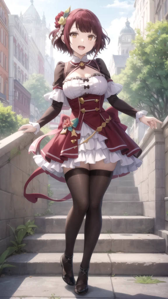 masterpiece, best quality, 1girl,  <lora:GenshinNPC_Katheryne_V9-000000:0.7>, medieval times, full body, medium hair, jewelry, gem, green and white dress, off-shoulder, bow, white pantyhose, vertical-striped pantyhose, puffy sleeves, blunt bangs, detached collar, maid headdress, red bow, green collar, green shoes, corset, blue eyes,  black hair, short hair,