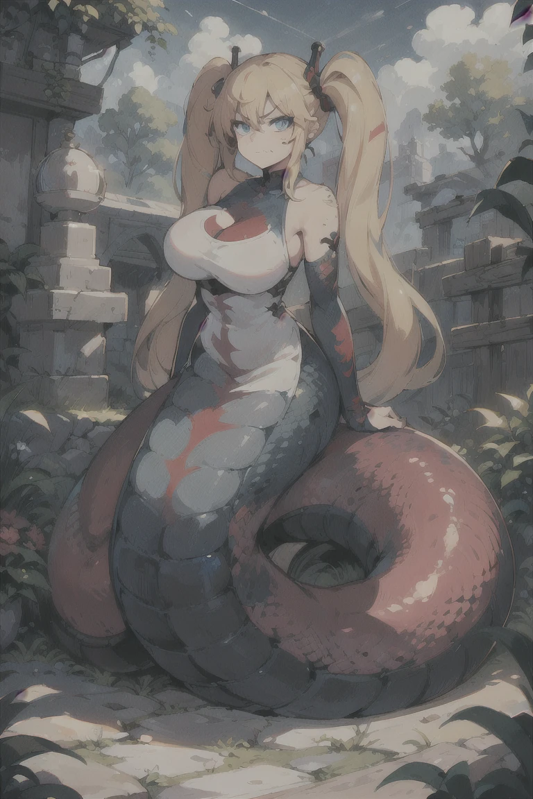 (Masterpiece), Best Quality, ultra-detailed, 1girl (SMMars, Slender and sexy body, lovely breasts, dark skin(snake skin ), naked body, , white hair,very long hair, red eyes(snake eyes), half-closed eyes), evil face, smirk, parted lips, solo, facing viewer, looking at viewer, nipples, navel, purple pleats skirt,skull, skull brooch,jewelry,purple choker, purple gemstone, purple sailor collar, short sleeves, ultra mini skirt, elbow gloves, full moon, outdoor, fog, standing, Sexy waist teasing, a arms up pose, love juice flows out of her pussy, , 1boy(big snake), coils, snake’s take is coiled around girl’s legs and waist, snake’s body is coiled around girl’s body.