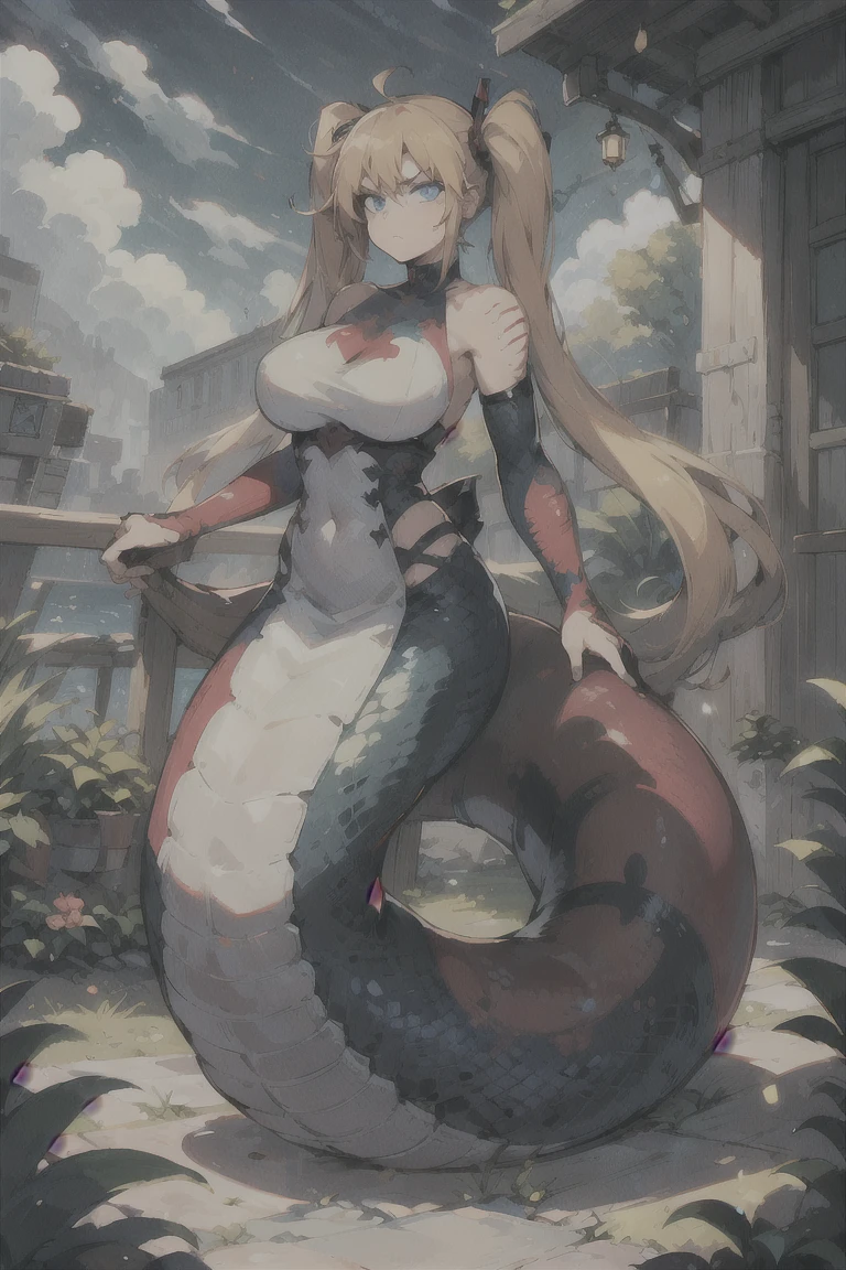 masterpiece, best quality, illustration, highly detailed, Lillie(pokemon) length hair, blonde hair, floating hair, twin braids, messy hair, unique hair detailed, beautiful detailed eyes, cleavage, snake,(python), (coiled), snake scales detailed, snake wrapped tightly, restrained, sad face