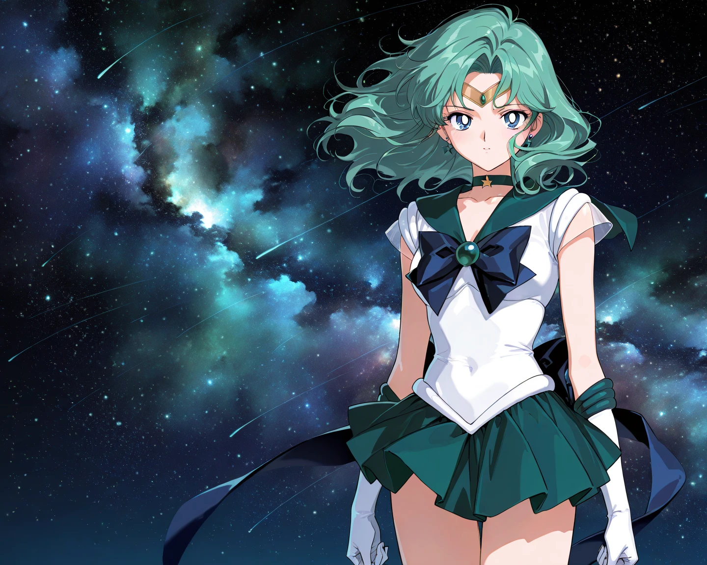 (masterpiece)、(highest quality)、((Super detailed))、(super delicate)、(cowboy shot:1.3)、1 girl、(sailor neptune, mature woman, small breasts, aqua eyes, dark green hair, medium hair)、(sailor moon outfit:1.3)、big breasts、Beautiful cleavage through the gap in her clothes、(from below:2), (face close-up:1.3),Hot spring at night、fantastic starry sky