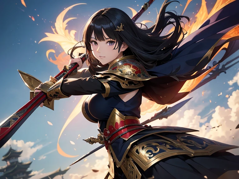 Anime figure，Dark villain，Beauty side face，Long hair flying，（golden headdress），Two teenage girls back to back，（Simple helmet）Spark ashes burn，The samurai held a sword, Wear contrasting armor, The full picture of the witch and witch skeleton,（standing full-body），（（Faraway view）），（HD8K），ultra-wide-angle，The background is gorgeous，the original god, demon anime girl, Angel anime girl，fantasy paladin man, Dragon Knight,Spread your black feathered wings，Mobile Genshin Influence, Anime 8 k, Anime fantasy illustration, Genshin Impact, Tough and cold character, Detailed key anime art, Ayaka Genshin impact, onmyoji portrait，Close-up of shooting random weapons, Comic book epic artwork, Epic fantasy digital art style,Epic fantasy art style, 8K high quality detailed art, Epic fantasy art style HD, Faraway view，Behind him，It is a golden glowing magic array。，Purify the flame，HD anime visuals，full portrait of magical knight