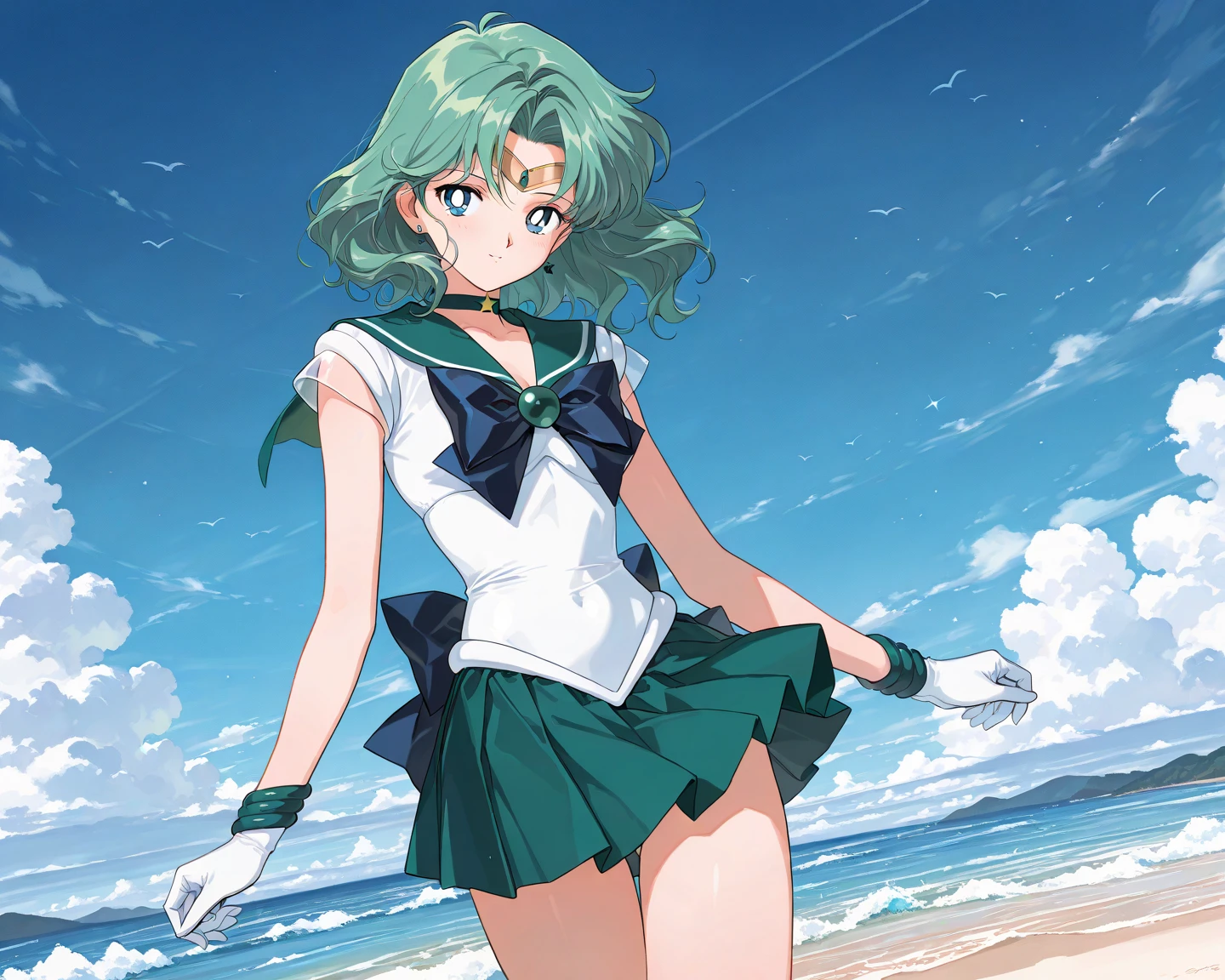 masterpiece, best quality, 1girl, solo, sailor neptune, mature woman, breasts, aqua eyes, dark green hair, medium hair,<lyco:GPTS4 dreamwave full_478773:0.4>,<lyco:GoodHands-beta2:1>, <lyco:GoodHands-beta2:1>, stylish pose