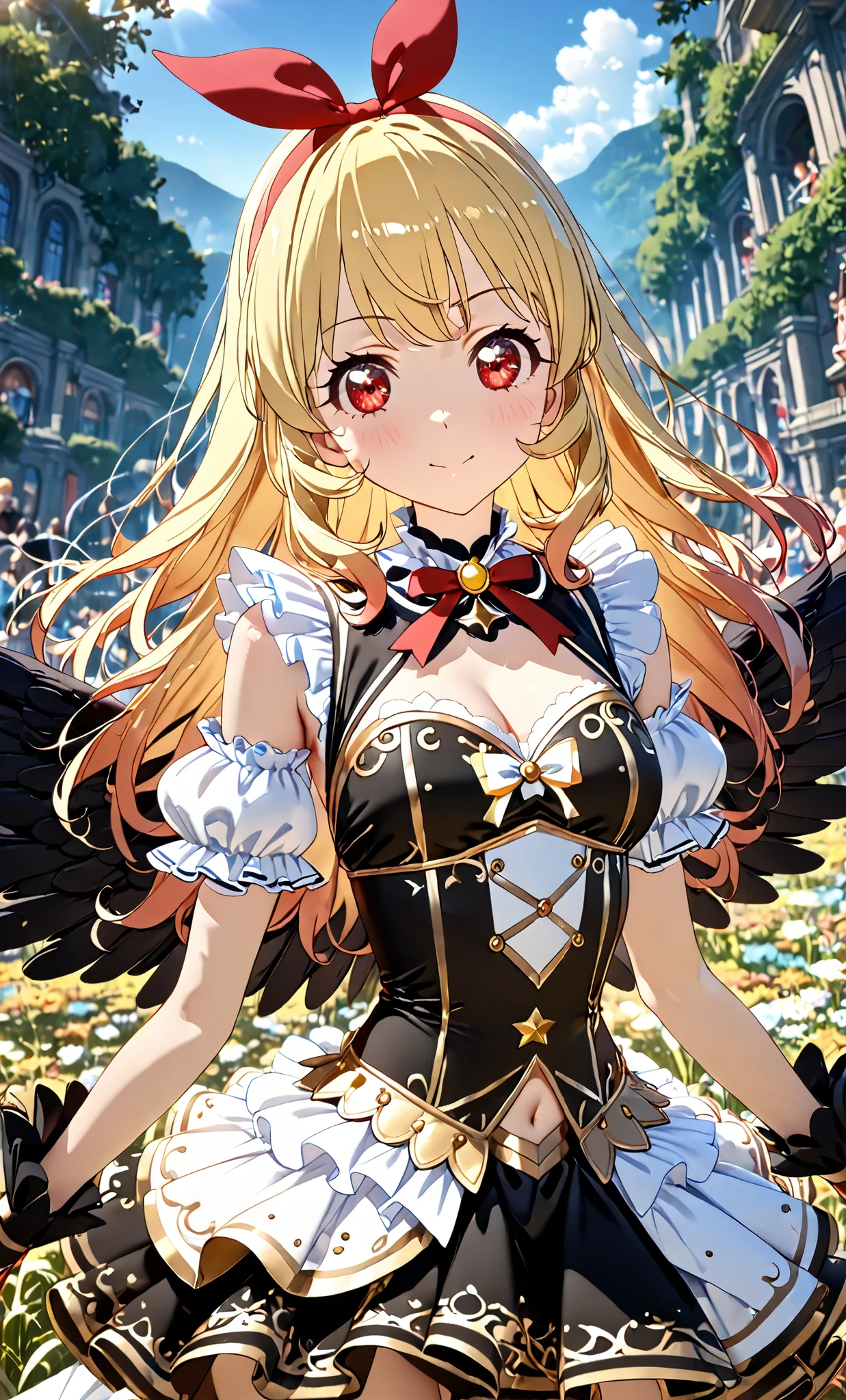 (Blue sky:0.9), (high ground:0.2), (grass:0.2), (a girl:0.1),, (Masterpiece, Top Quality, Highly Detailed, Super Detailed, High Resolution, Absurd, 4K, 8K: 1.2), (Official Art, Incredibly Detailed Illustrations, Highly Detailed CG, Details background, cinematic lighting, dynamic angles, perfect hands, detailed shiny skin, detailed hair, detailed eyes) (very nice detailed cute face, beautiful face) (very detailed) ( 3D depiction) BREAK,, Aikatsu, Ichigo Hoshimiya, 1girl,, Solo,,, blonde, GOLD and Black idol costume, Black ANGEL wing, red eyes, looking at camera, Ichigo Hoshimiya (Aikatsu!), (Red ribbon on hair band: 1.2)