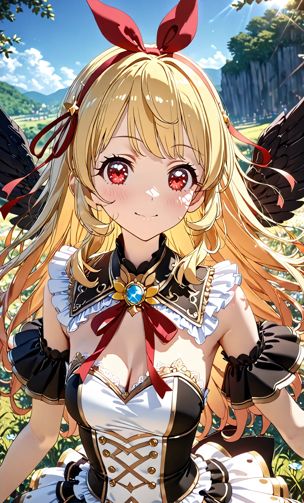 (Blue sky:0.9), (high ground:0.2), (grass:0.2), (a girl:0.1),, (Masterpiece, Top Quality, Highly Detailed, Super Detailed, High Resolution, Absurd, 4K, 8K: 1.2), (Official Art, Incredibly Detailed Illustrations, Highly Detailed CG, Details background, cinematic lighting, dynamic angles, perfect hands, detailed shiny skin, detailed hair, detailed eyes) (very nice detailed cute face, beautiful face) (very detailed) ( 3D depiction) BREAK,, Aikatsu, Ichigo Hoshimiya, 1girl,, Solo,,, blonde, GOLD and Black idol costume, Black ANGEL wing, red eyes, looking at camera, Ichigo Hoshimiya (Aikatsu!), (Red ribbon on hair band: 1.2)