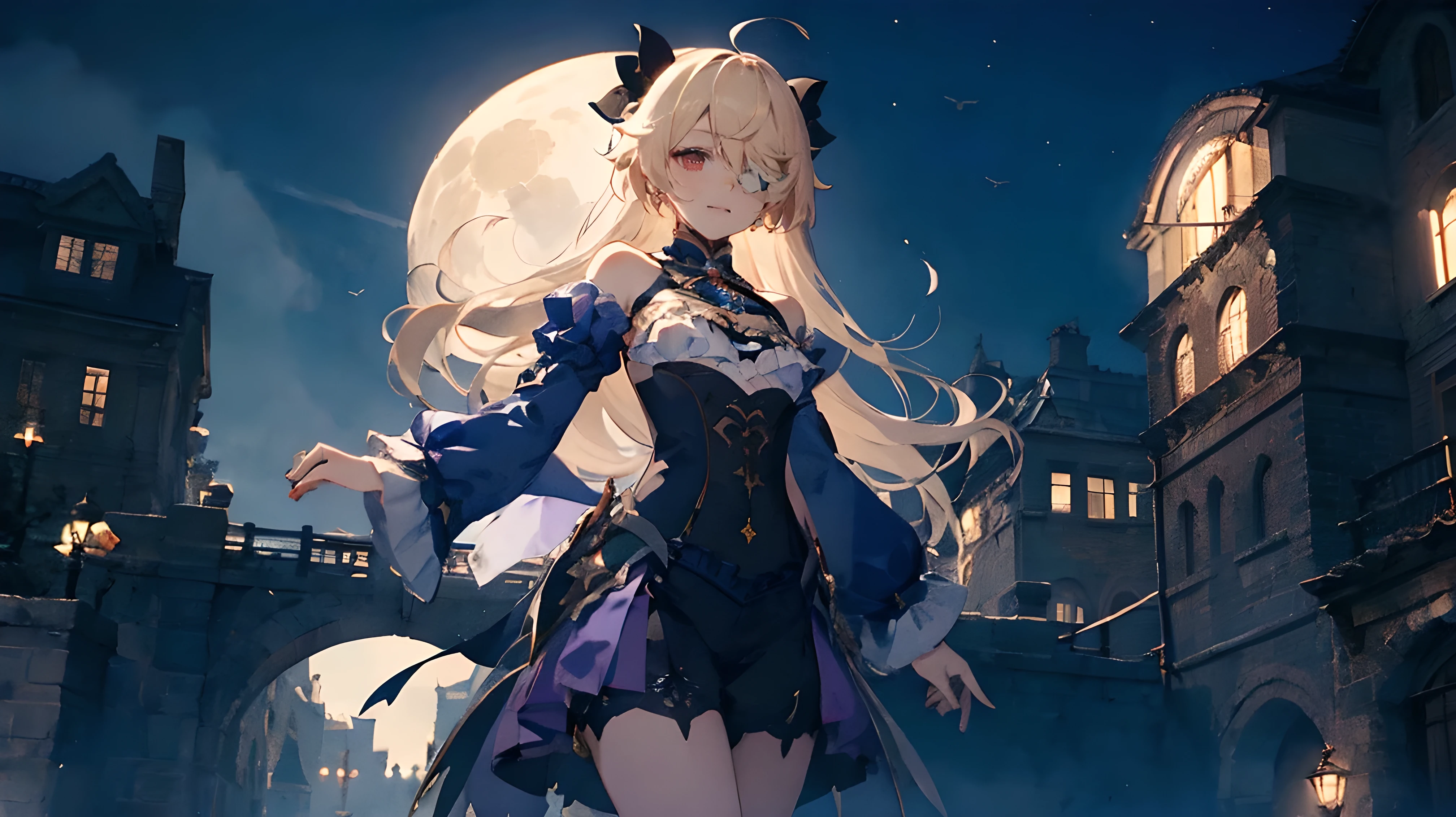 (Official art、Best Quality、Unity 8k Wallpapers、32K、masterpiece、ultra-detailliert、超A high resolution、realisitic、Photorealsitic:1.2)、(Cinematic lighting:1.2)、Fireglow effect、film grains、Best Shadows、Rim lighting、side lights、sideshot、(Ultra-detailed and complex 3D rendering)、Detailed beautiful face and eyes、Sharp pupils、Realistic pupils、A slender、1Man Woman、Medium bust、(Full body:1.2)、 beauitful face、-yeld beiful girl、(super detailed skin、detailed skin textures:1.3)、(platinum-blonde、Silver hair:1.3)、waved hair、Blunt bangs、green colored eyes、elf-ears、magical girl costume、A slender、white shirt、Costumes with frills、frills skirt、knee sox、(thighs thighs thighs thighs:0.8)、Black boots、(Fantastic and beautiful night sky、Medieval city at night、On the roof:1.2)、(Human soul in the night sky、Fantastical:1.3)、(carrying a magical staff:1.3)、(Looking away、overlooking a city:1.3)、Fantastical、Gentle smile、I opened my mouth a little、