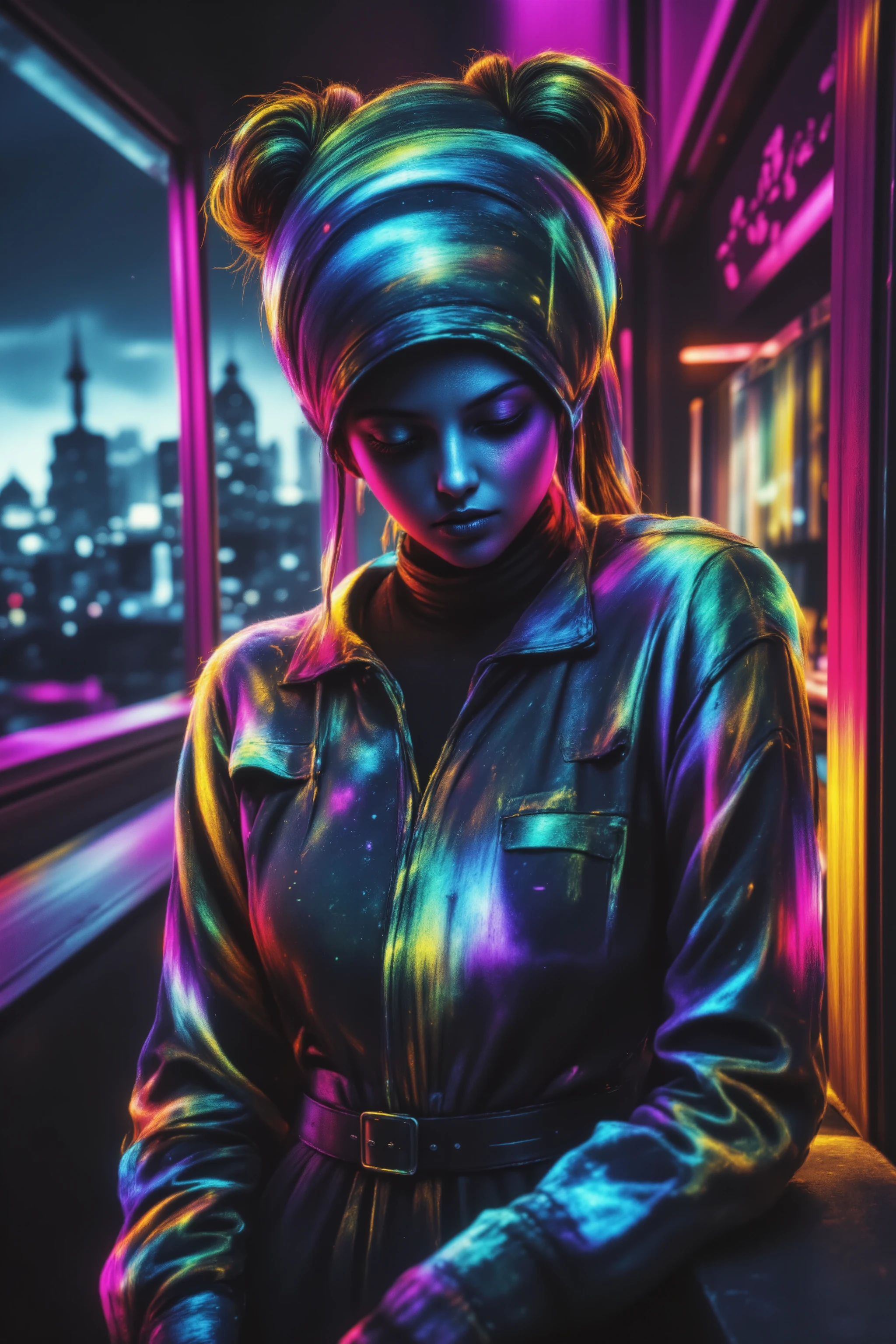 A stylized low-poly scene featuring a polygonal woman with geometric facial features and a faceted body. She wears a structured outfit with angular shadows and subtle metallic paint accents. The background consists of a polygonal interior with a geometric cityscape in the distance. Cel shading enhances the contrast, while grisaille highlights add a sculptural effect. Despite the sharp edges of the low-poly design, a bloom effect creates a soft glowing light, and a refraction effect distorts glass elements for an unusual visual contrast. Motion blur introduces an unnatural smoothness, while an iridescent flow overlays colorful gradients onto the faceted surfaces.