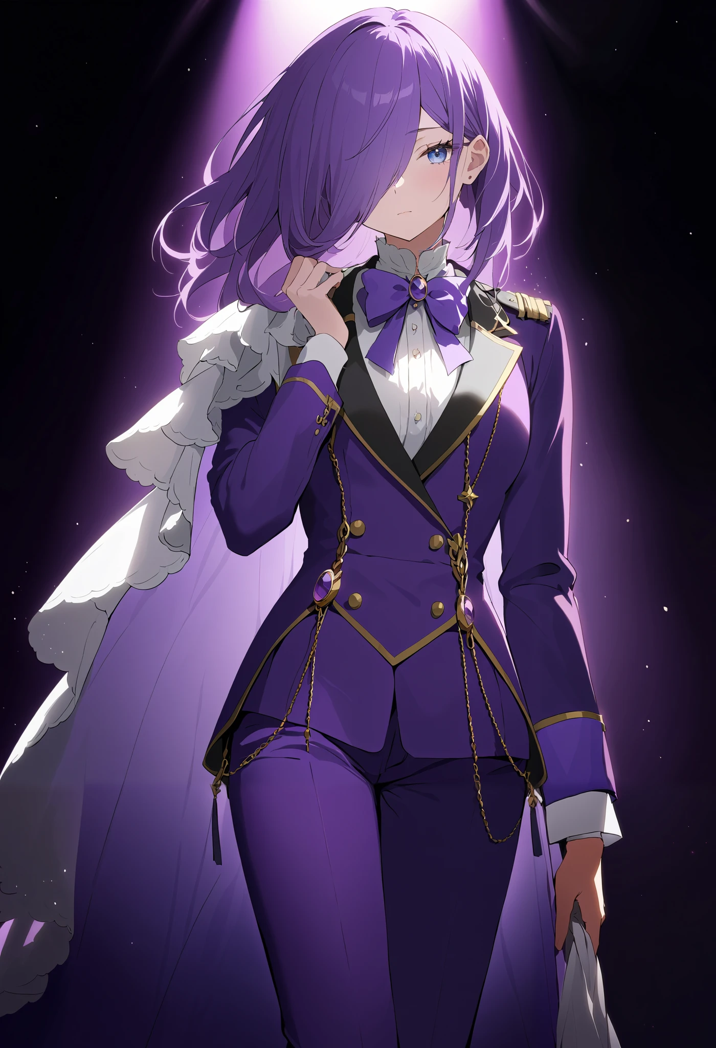 Thin, sharp eyes、Narrow eyes、Detailed expression of eyes、Long purple hair up to the waist 、Small white cloak 、ソロのPrince、1 person、 Long enough to cover the face to hide one eye 、 long bangs that extend to the chin so long that they cover the face、Very long bangs、Bangs that reach to the chin、 with bangs on one side over the ear 、 purple luxury jacket long sleeve、 white shirt、Prince、 fancy mesh costume、 hanging eye、 cool face、 blue eyes、Purple long pants、 purple bow tie 、 small perris on left shoulder、small cloth on left shoulder 、uniform、Cool beautiful girl、