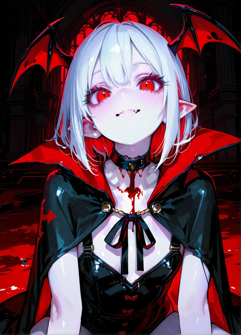 Anime girl with red eyes and black cape sitting on a red floor - SeaArt AI