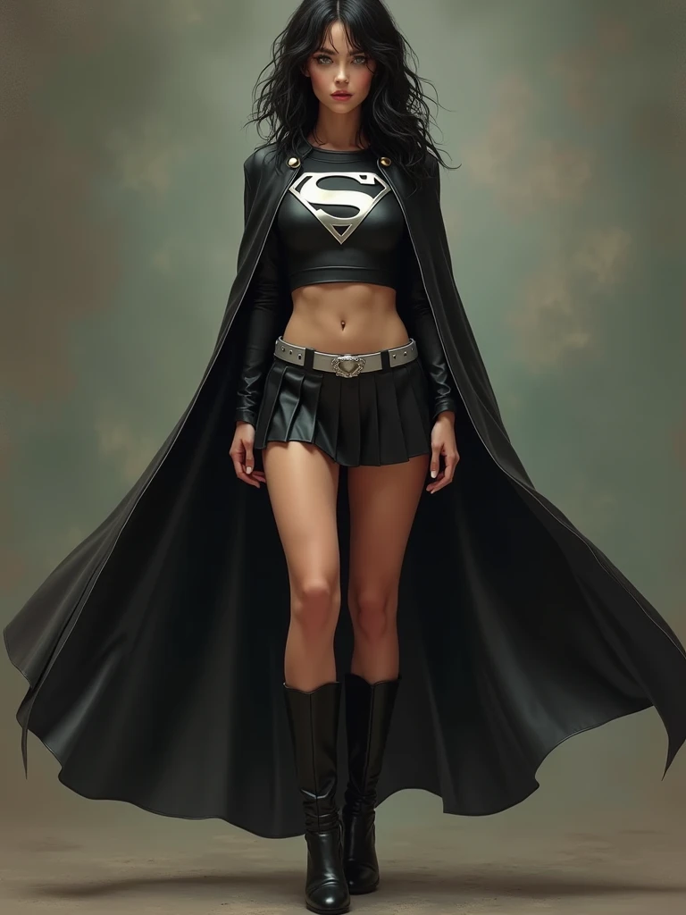 A FULL BODY VIEW OF A SEXY BUSTY TEEN FEMALE WITH DREAMY GREEN EYES AND MEDIUM MESSY BLACK HAIR WEARING A SLEEK BLACK SPANDEX LONG-SLEEVED SUPERGIRL CROP=TOP WITH A METALIC SILVER "S" EMBLEM ON THE CHEST, A SHORT BLACK PLEATED SKIRT WITH A SILVER LEATHER BELT, BLACK HIGH HEELED SUPERGIRL BOOTS, AND A LONG 2 TONE BLACK AND RED SUPERGIRL CAPE WITH SILVER TRIM. NOSE PIERCING, BELLY PIERCING, BLACK LIPSTICK, BLACK FINGERNAILS, INCREDIBLY DETAILED SKIN, INCREDIBLEY DETAILED FACE, INCREDIDBLEY DETAILED CLOTHING, TEXTURED SKIN PORES, TEXTURED HAIR, 8K ABSURD RESOLUTION, MASTERPIECE. PHOTO REALSITIC, HYPER REALISTIC. CHAOTIC BACKGROUND.