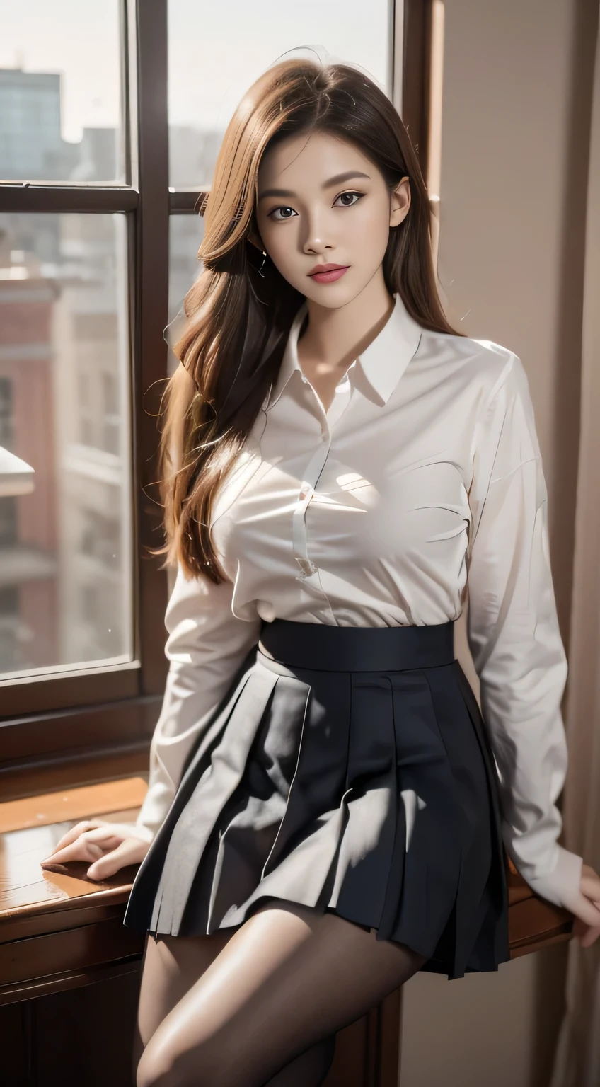 master piece , best quality , detailed , blouse , skirt , sitting , (from front) , bed room , indoor
