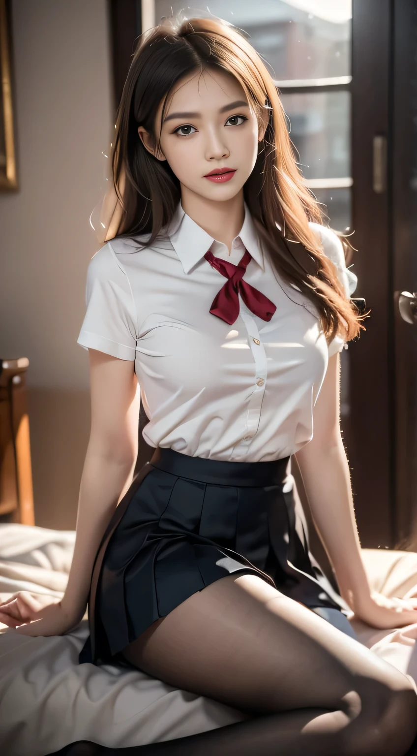 (((32k,high detal,high-detail、masterpiece,Attention to detail,full body Esbian,solo))),Raw photo & realistic atmosphere,beautiful dark blue eyes,Detailed mouth,Glossy lips,Detailed eyebrows,Eyes drawn in detail with soft white skin that shines in every detail、azure eyes,Very beautiful eyes,Detailed lips、Very beautiful face,Very well-formed face、Lifelike face,shiny beautiful lips, Realistic Young Gravure Idol, very beautiful school girl, , Young Sensual Gravure Idol, Young Gravure Idol, Beautiful and cute mature16 year old ,the whole body is wet,dripped out,with a flushed face,Incredibly beautiful, sexy and classy16-year-old girl,semi-long brown shiny hair,Hair is wet,Dripping water,dripping,(Looking at the camera:1.4),(darkness,Very dark,Use a flashlight to illuminate a subject in a pitch-black classroom with no light:1.7),(A sexy,Healthy toned body,High Detail Hi-Vision Hi-Vision Japan HDTVblackHDTVhi-VisionBlack Hi-VisionBlack Hi-Definition Hi-VisionBlack Hi-Definition Hi-Definition Uniform,medium shapely breasts,,Mature body, I'm anxious and about to cry,Moist eyes,cold smile,glareing,The glaring face is also beautiful,High-resolution arm,,high-definition fingers,:1.5),(The chest of the uniform is open,Sitting upright in black and red classy high school girl uniform wearing black pantyhose and sexy legs and lifting skirt in shame:1.7)
