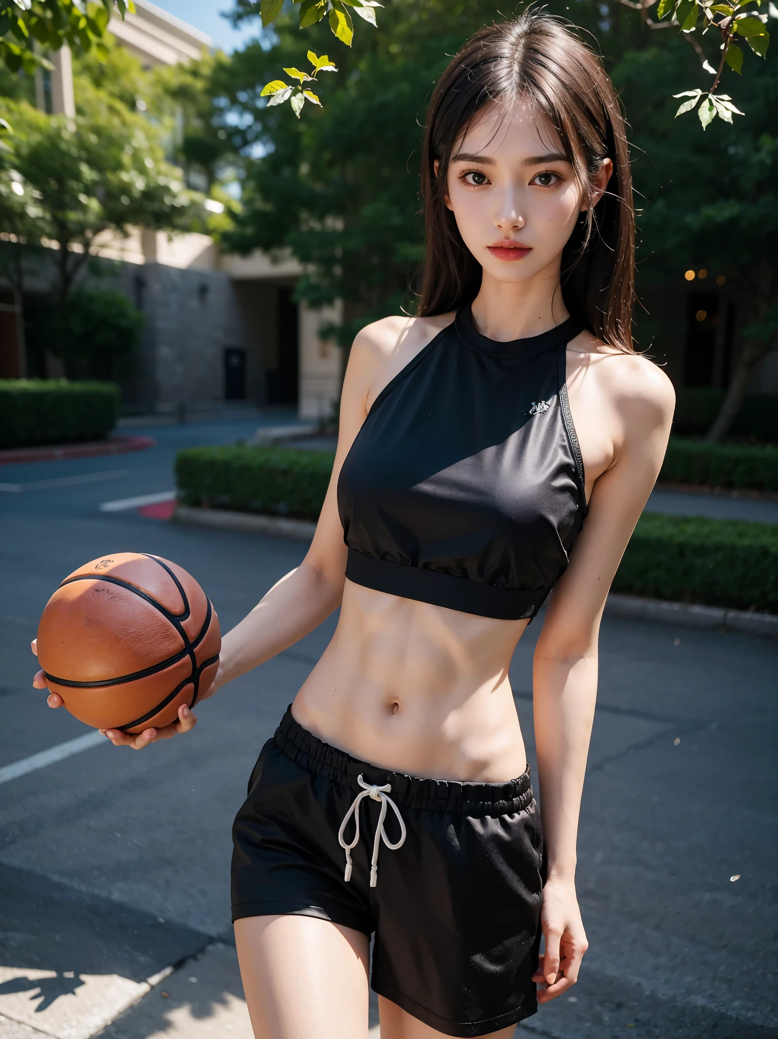 (8K, RAW Photos, Highest quality, masterpiece:1.2), masterpiece, super detailed, super high quality, (Realistic and photorealistic photography:1. 37), High-resolution RAW color photos, Very delicate and beautiful, highly detailed, 8k wallpaper, wonderful, detailed, Very eye, very detailed, very detailed skin, very thin fingers, very detailed nose, very detailed mouth, Perfect Anatomy, BREAK,18 year old girl, ponytail, huge breasts, colossal tits, very huge round breasts, (perfect body shape:1.1), Big Natural Color Lip, cute type, lolita, (Details High quality, realistic depiction of eyes:1.3), Beautiful makeup, glitter makeup, BREAK, (basketball sportswear, sporty short pants:1.2), hair band, play basketball, BREAK, (gymnasium:1.2), bold sexy pose, hposing Gravure Idol, full body photo