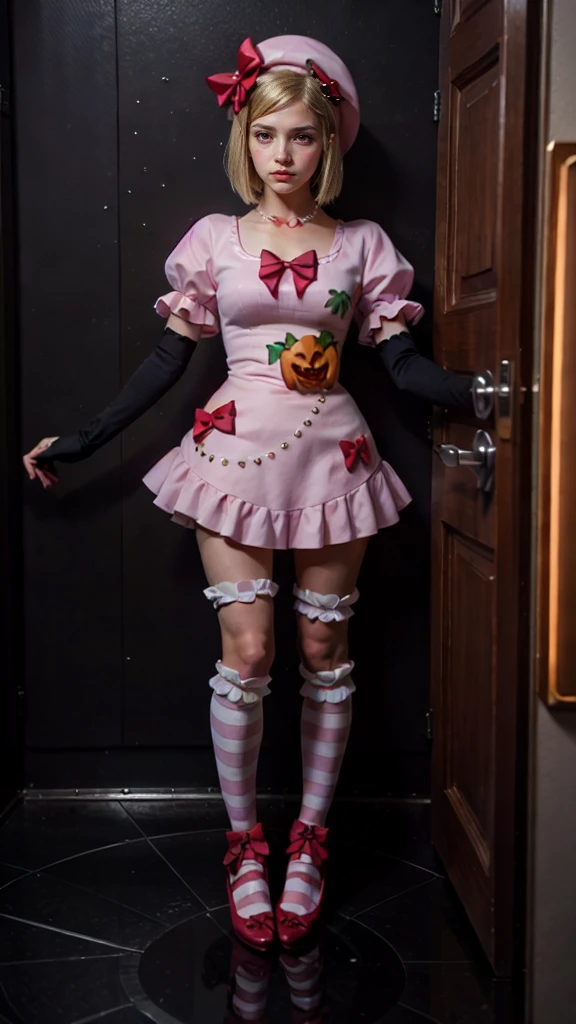 (masterpiece, best quality:1.2), 1girl, solo,standing_split, 
A photo of a beautiful lady cosplaying Lambdadelta, pink beret, dress, blonde hair, short hair, pink and white striped knee highs, pink shoes, red eyes, pumpkin, 