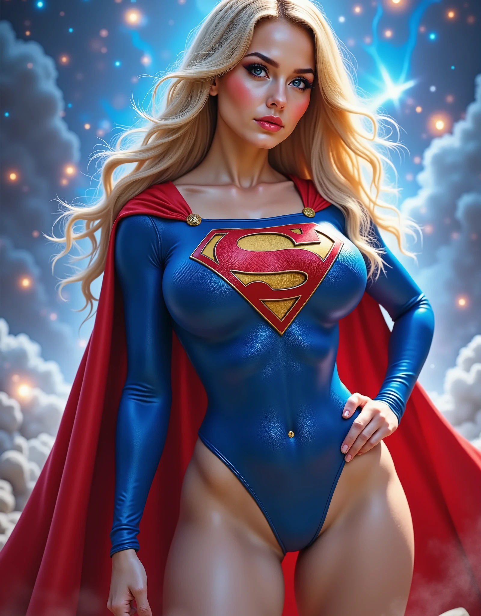((Melhor qualidade, best resolution, absurdo, obra-prima, ultra-detalhado,nsfw)) 1girl, Mulher americana bonita cabelo longo loira, 23 anos, corpo ampulheta,huge breasts, corpo definido , vestindo lingerie de renda:1.6 (( calcinha fio-dental e meia 7/8 cosplay de Supergirl)),nsfw