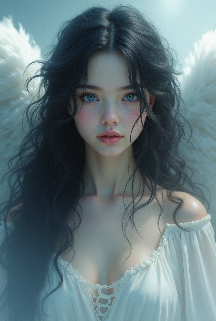 Beautiful angel, black hair, blue eyes. Seductive 