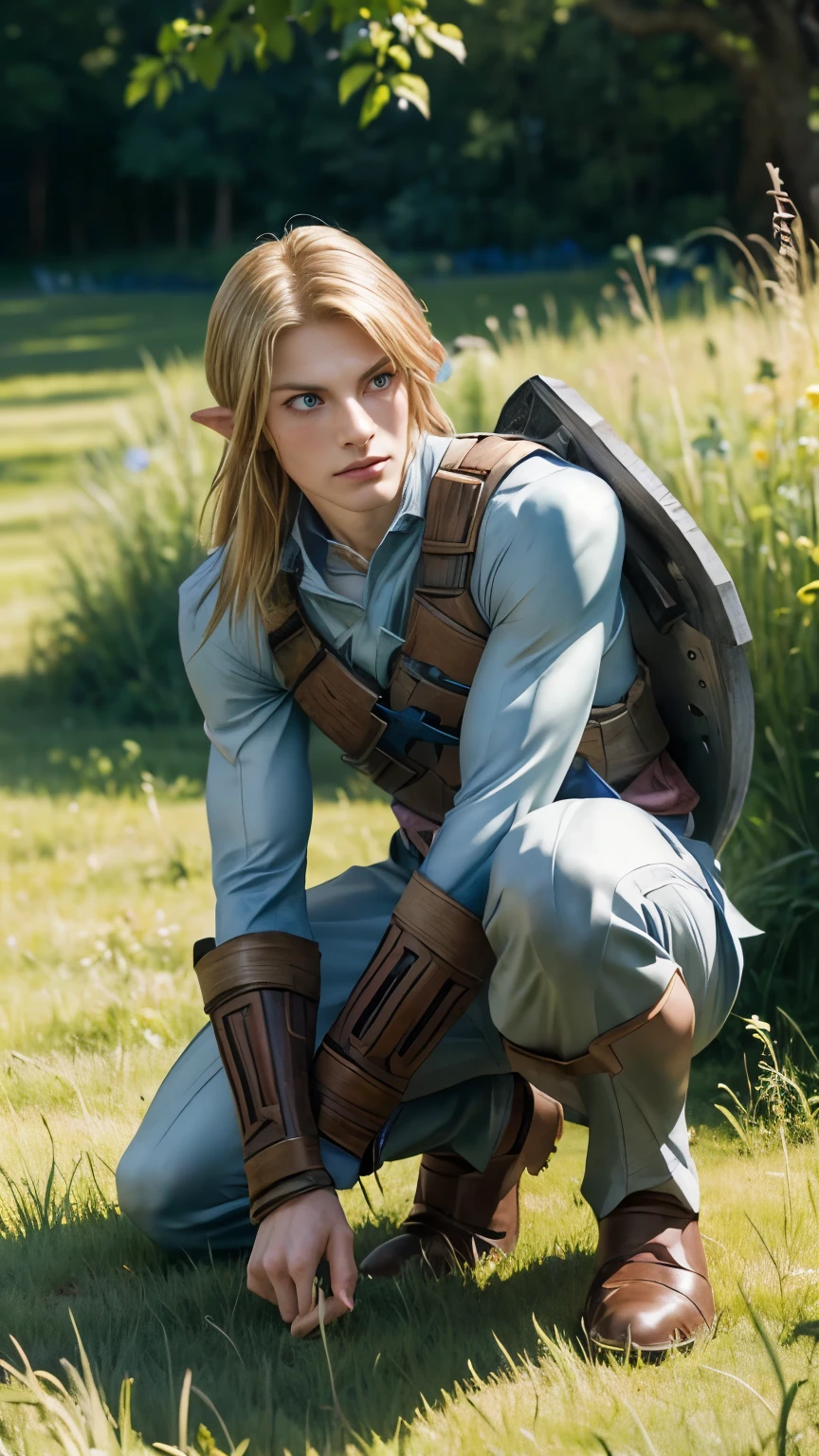 Full body photograph, very detailed, live Action, ultra-realistic digital portrait of Link from Twilight Princess, very detailed facial features, piercing blue eyes. His body type is masculine, with well-trained, slim muscles. Sharp jawline, disheveled golden hair, wearing full plate medieval armour.