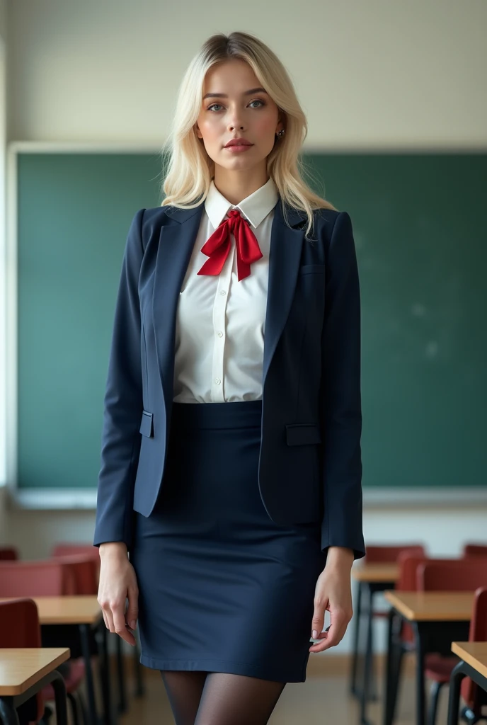 A young blonde teacher is standing in front of a blackboard