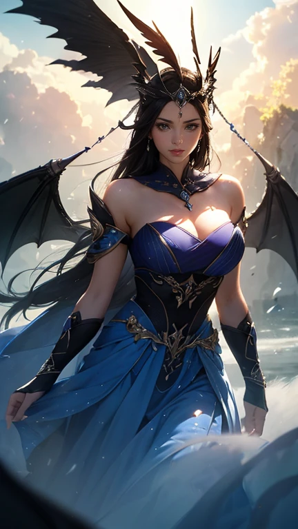 ((best quality)), ((masterpiece)), (detailed), dragon emperatriz, realistic eyes, black hair, blue eyes, small breasts, sensual korean setin dress, evil landscape, ethereal beauty, (fantasy illustration:1.3), charming look, captivating pose, solo girl, supernatural charm, mystical sky, (anime), moonlit night, soft colors, (detailed cloudy landscape:1.3), (high resolution:1.2) (bluish dragon flying in the sky) dressed, on a hill,  An army passing far away in a gorge below.