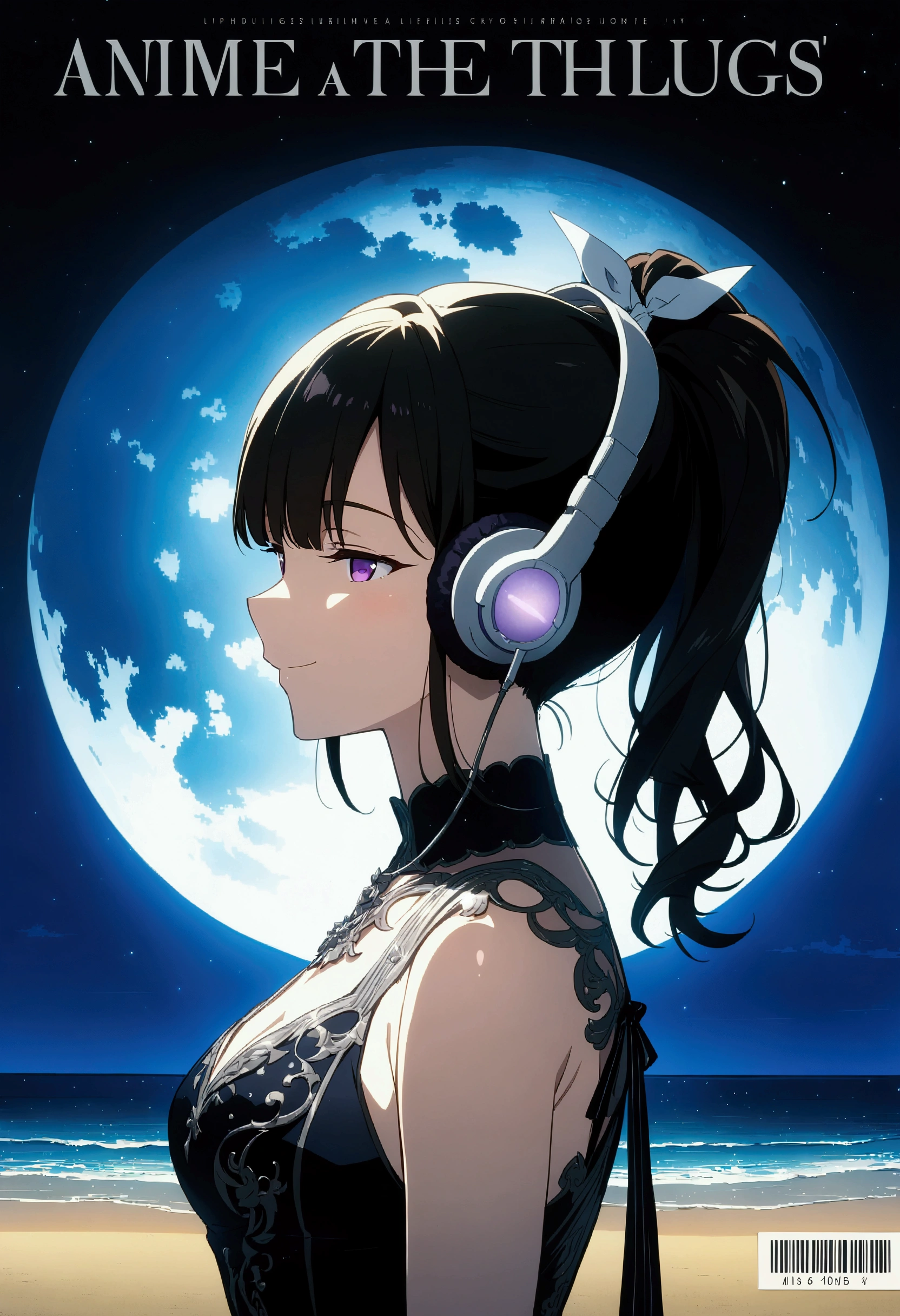 (masterpiece),(absurdres),(ultra detailed),(anime:1.4),雑誌のcover、cover、偽の雑誌のcover、cover、偽のcover、cover、Text Focus 、date、 barcode 、 Content Rating、headphone,side view,upperbody shot,smile,fullmoon lighting:1.3,midnight sky,beach,half-closed eyes,solo lady,(23-year-old),shiny black hair,shiny purple eyes,(short highponytail),bangs:1.1,(1white ribbon:1.1),(middle breast:0.7),(silver detailed Gothic dress:1.1),Reina