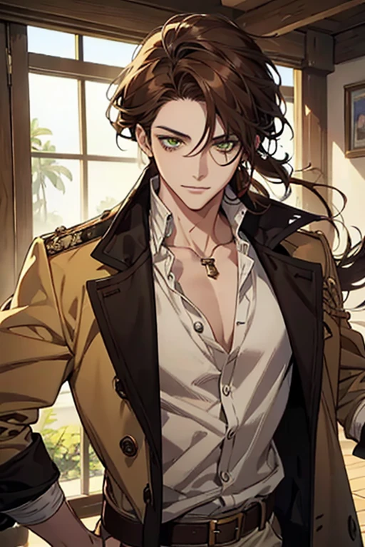 1 male, solo, masterpiece, best quality, (grin, looking back:0.5), (brunette, hair over one eye, short hair, fluffy hair:1.2), sea green eyes, tan skin, (partially wrapped in blankets, nude), collar, animal collar, leather collar, bedroom, Middle Ages, fantasy