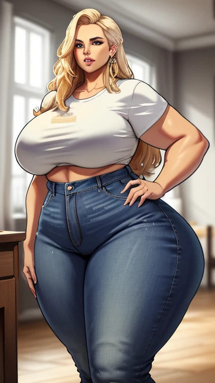 ((Masterpiece)), perfect anatomy, perfect shading, field of depth, (best quality), extremely delicate and beautiful, perfect lighting, detailed face, ultra cute face, cute, (1girl), (solo),
long fluffy blonde hair, blue eyes, ((blush)), nervous, looking at viewer, tank top, jeans, cleavage, large breasts, ((thick thighs)), (wide hips), fat ass, chubby,
intricate background, detailed background, fast food restaurant, standing,
