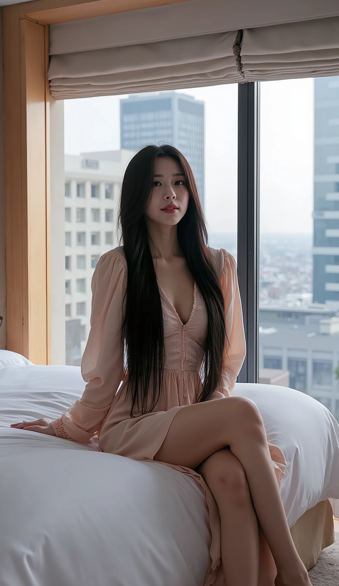 (Best quality, Japanese woman, 4, long black hair, (sitting on bed), luxury city hotel room, (elegant outfit:1.2), soft lighting)
