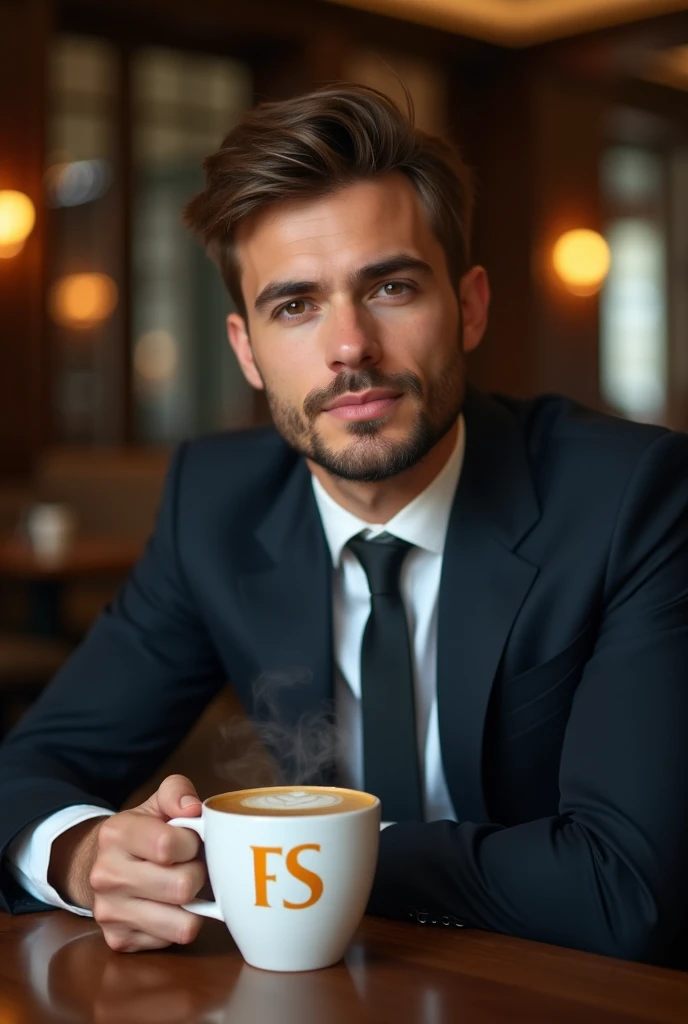 a very handsome young man, about 25 years old, with
He wears a formal suit , dark colored ( can be black or navy blue ), with a
He is seated at an elegant table, perhaps in an office or a luxury cafe .
. In his hand he holds a cup of coffee , and the phrase "FS " in a professional and modern style , Security Systems maybe with color letters .
The scene light is soft , is printed on the mug, which creates a cozy atmosphere , with sharp details such as steam .