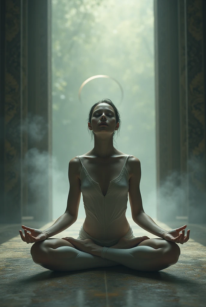 Tantric maid in white transparent silk antique underwear meditating on yoga lotus pose on bed