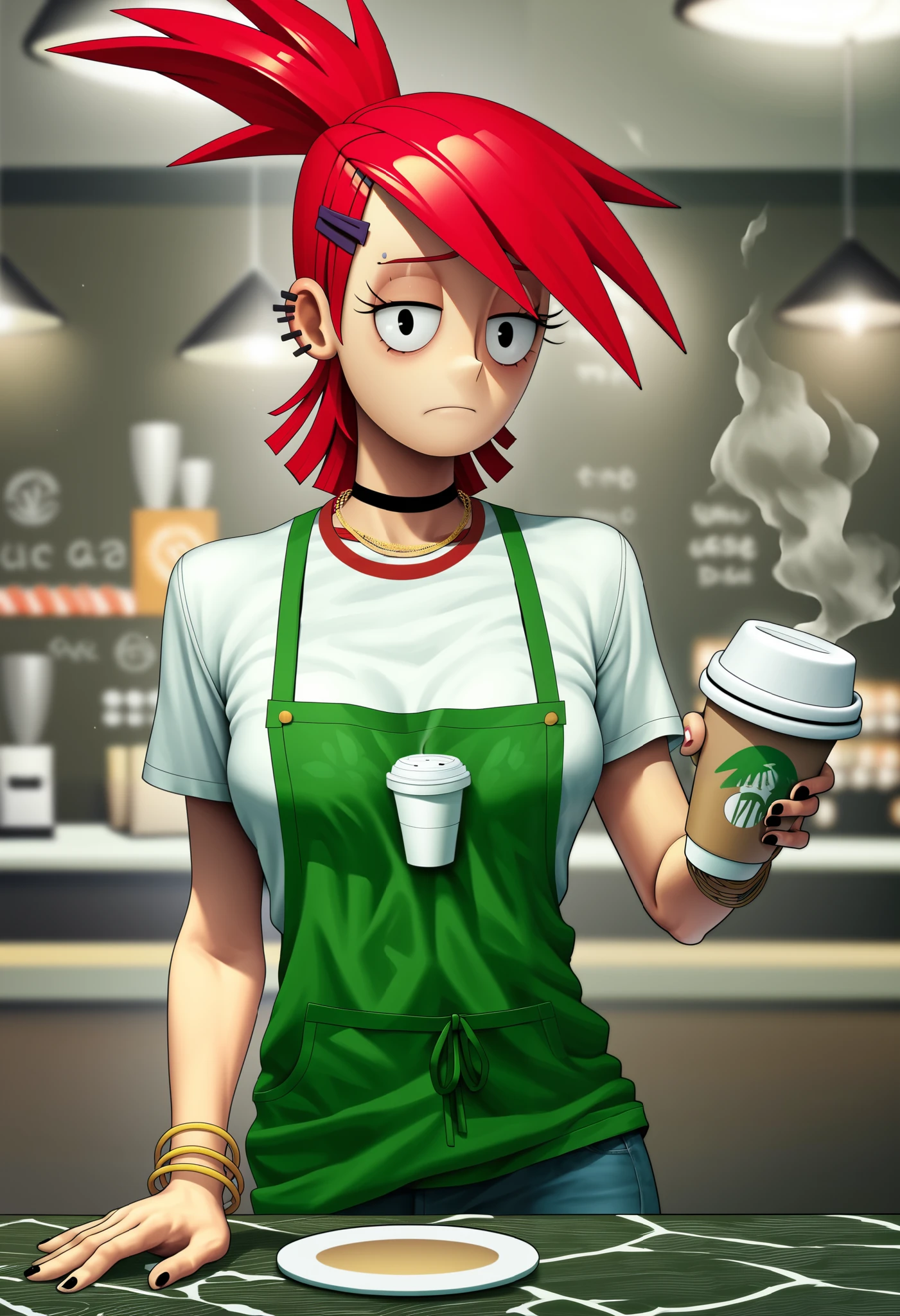 puntuación_9, puntuación_8_arriba, puntuación_7_arriba, puntuación_6_arriba, puntuación_5_arriba, puntuación_4_arriba, BREAK , frankie foster from Foster's Home for Imaginary Friends holding a carriba of coffee in a coffee shop
Aleriav